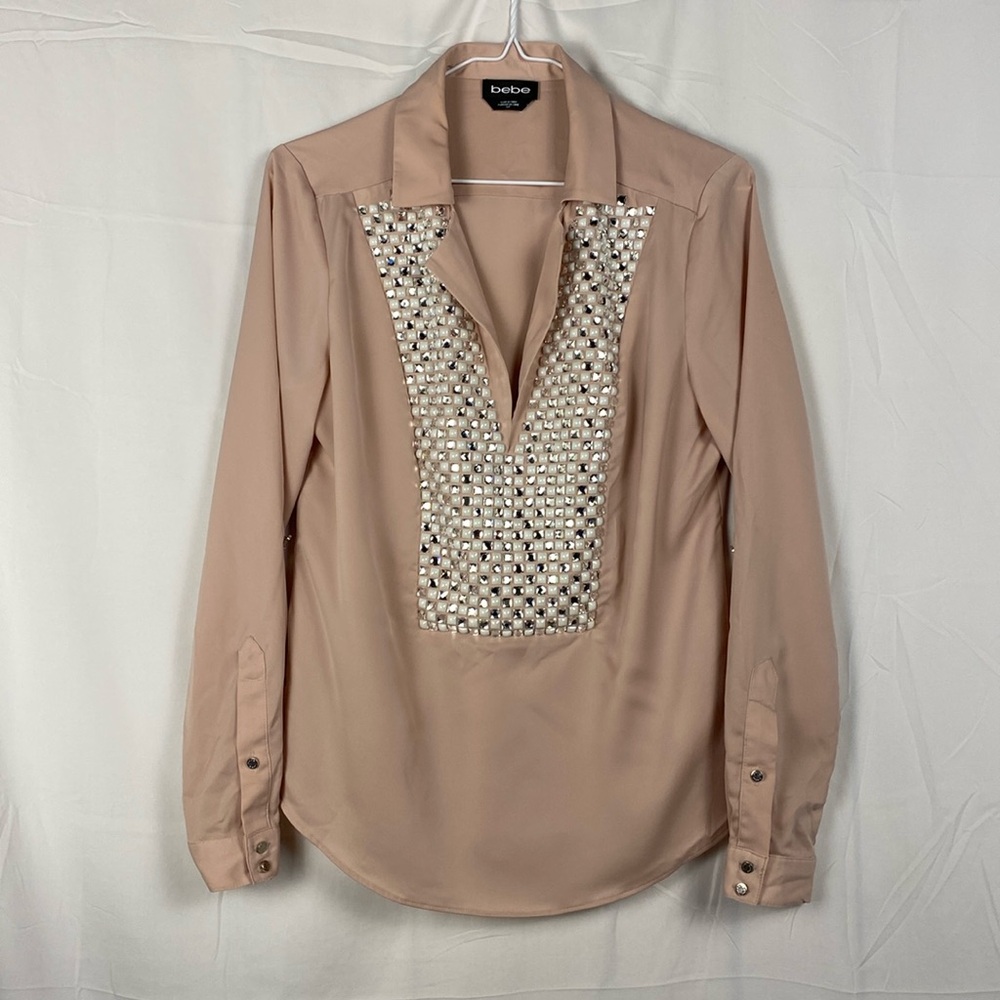 BEBE Pink and White Silver Tone Bejewled Beaded Collared Blouse Small